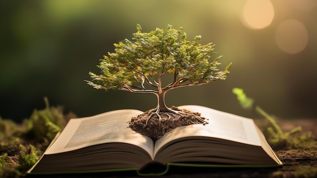 Foto een boom spruit uit een boek tegen een achtergrond van de natuur generatieve ai