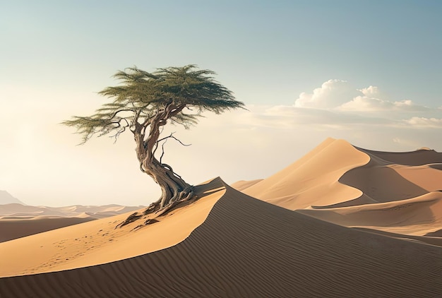 een boom staat boven een duin in de woestijn in de stijl van fotorealistische fantasieën