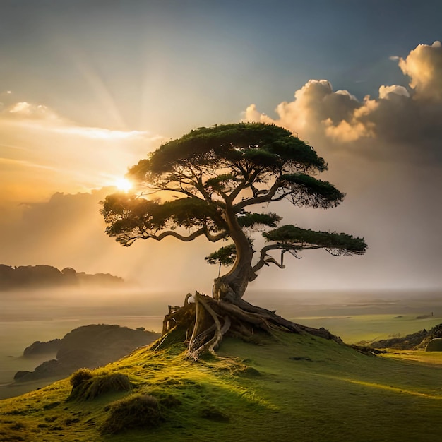 Een boom waar de zon door de wolken schijnt