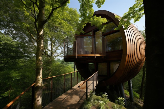 Een boomhut in het bos met een houten dek en een brug die naar boven leidt.