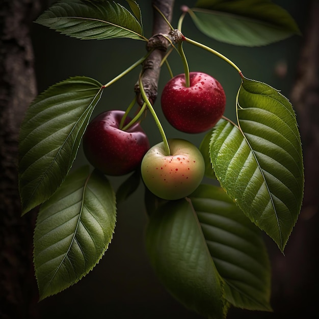 Een boomtak met fruit eraan en rechts een groene appel.