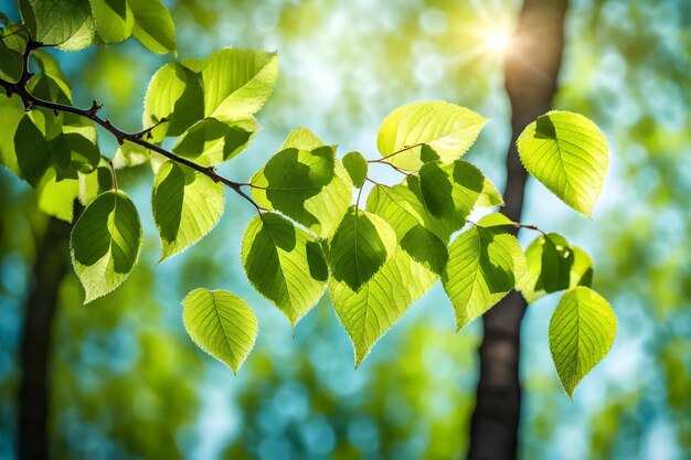 een boomtak met groene bladeren in het zonlicht