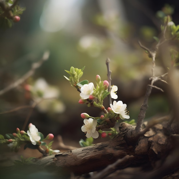 Een boomtak met roze bloemen en groene bladeren met het woord kers erop.