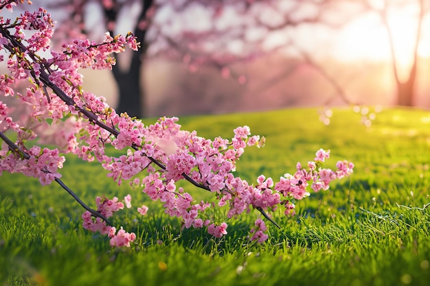 Een boomtak met roze bloemen op de voorgrond