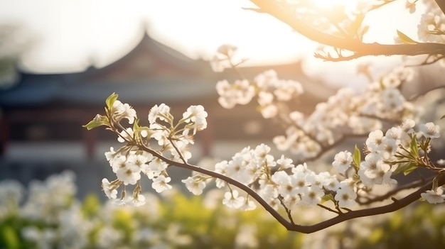 Een boomtak met witte bloemen voor een Chinese tempel.