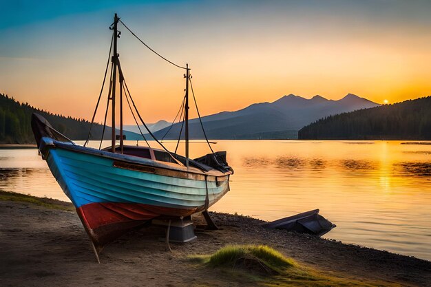 Een boot aan de kust bij zonsondergang