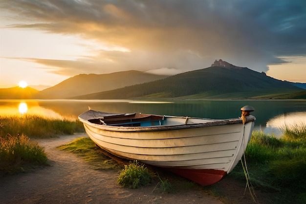 een boot aan de oever van een meer met een berg op de achtergrond