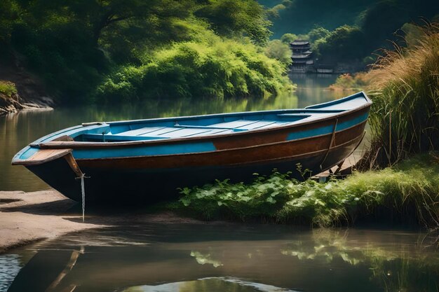 Een boot aan de wal met een boot op de achtergrond