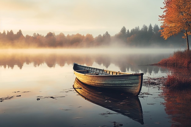 Een boot die in de mist aan de rand van een meer ligt