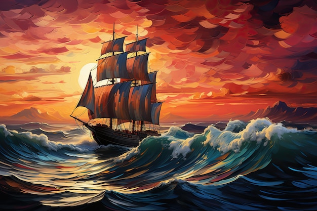 een boot die in de oceaan zeilt met veel golven zonsondergang op de achtergrond
