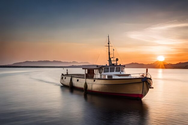 een boot die in het water is aangemeerd met de zon achter zich.