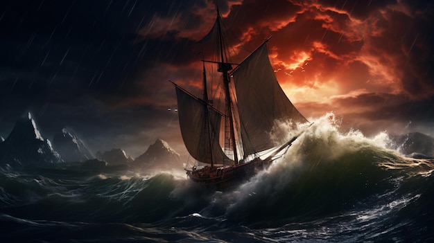 Een boot die op sterke golven vaart tijdens een nachtelijke storm