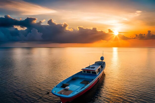 een boot drijft in het water met de zon achter zich