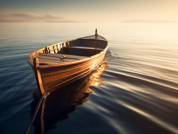 Een boot drijft op het water met daarachter de ondergaande zon.