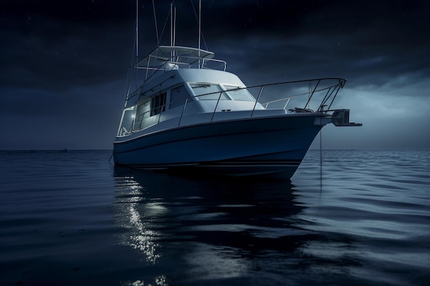 Een boot drijft op het water met de woorden "oceaan" aan de zijkant.