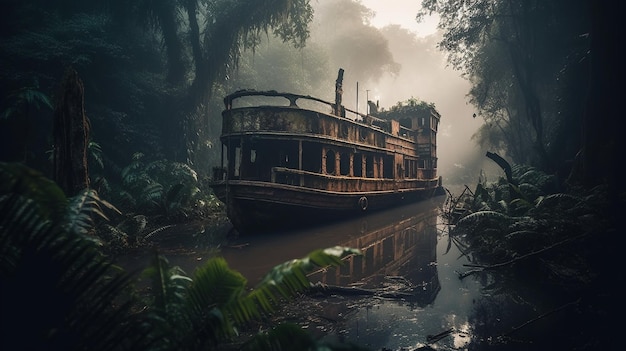 Een boot in de jungle met op de zijkant het woord jungle