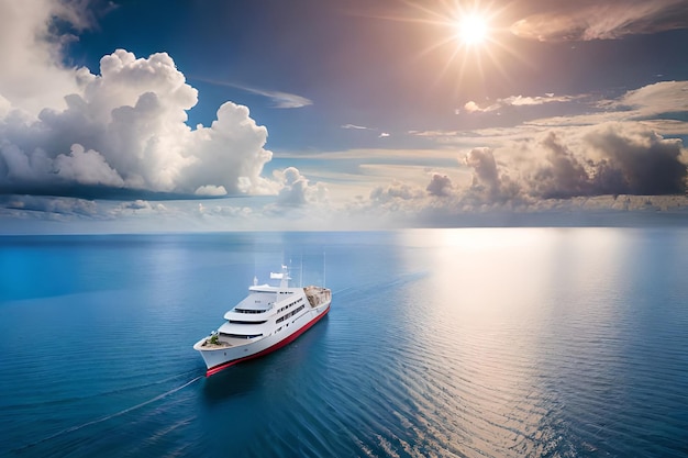 Een boot in de oceaan met de zon aan de horizon.