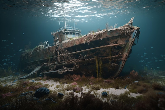 Een boot in de oceaan met op de bodem het woord schip.