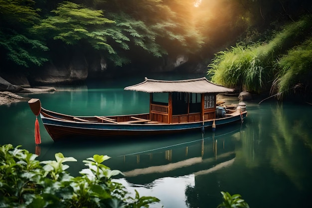 Een boot in een rivier met een hut op het dak.