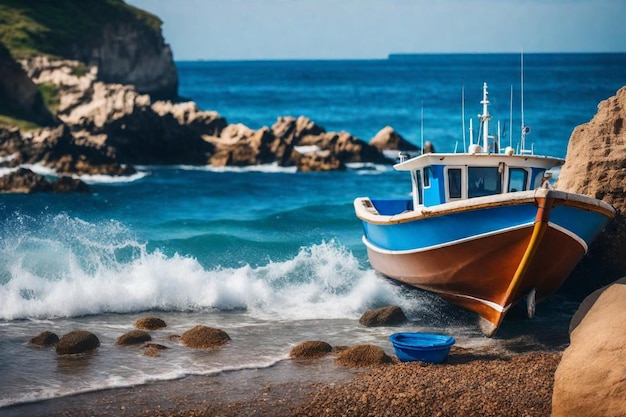 Een boot is op het strand en de golven botsen op de kust.