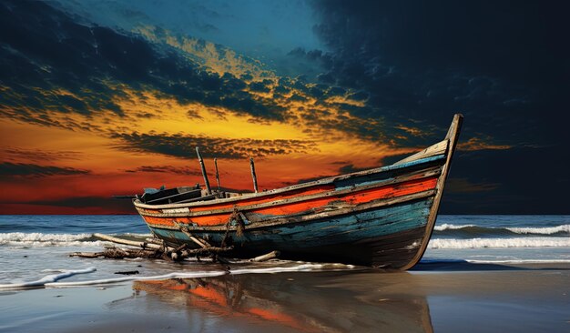 Een boot is op het strand en de lucht is oranje en blauw.