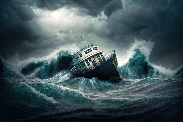 Een boot kapseisde in de oceaan in een storm Generatieve AI