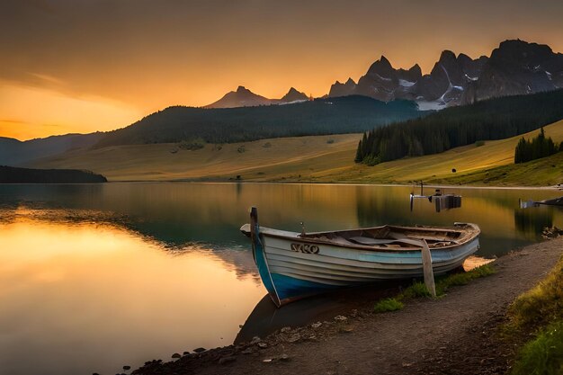 Foto een boot ligt aangemeerd aan een meer met bergen op de achtergrond.