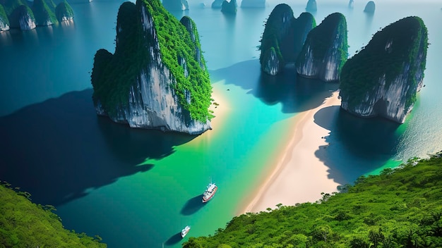 Een boot ligt aangemeerd in de wateren van Halong Bay.