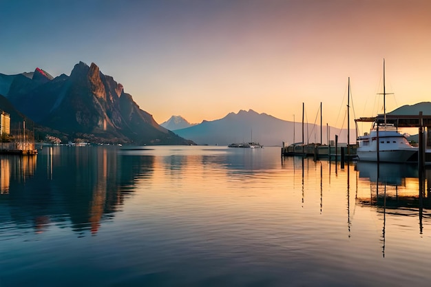 Een boot ligt aangemeerd in een haven met een berg op de achtergrondrealistisch