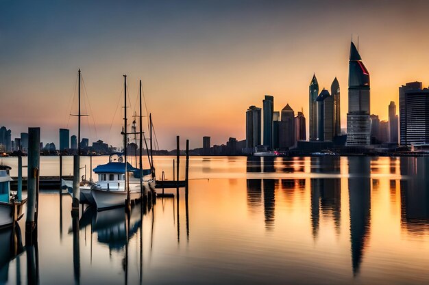 Foto een boot ligt aangemeerd in een haven met een stad op de achtergrond.