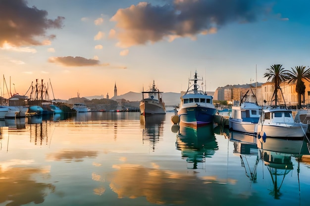 Een boot ligt aangemeerd in een haven met een zonsondergang op de achtergrond.