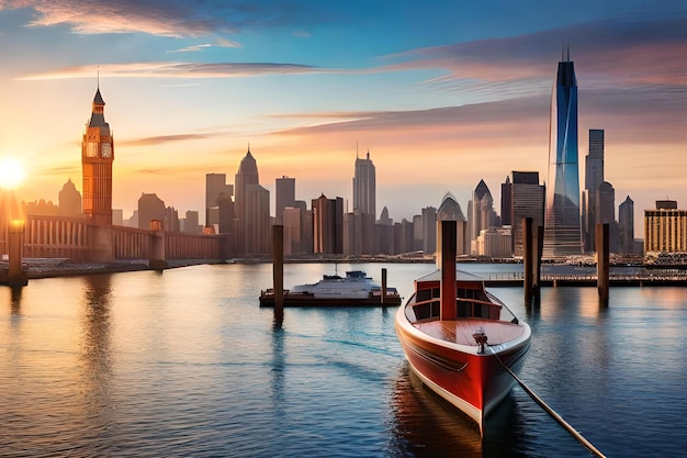 Een boot ligt aangemeerd voor de skyline van een stad.