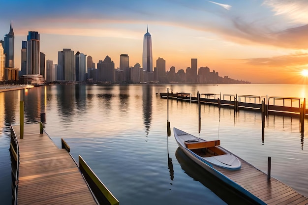 Een boot ligt op een dok voor de skyline van een stad.