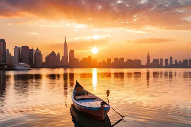 Een boot ligt voor de skyline van een stad