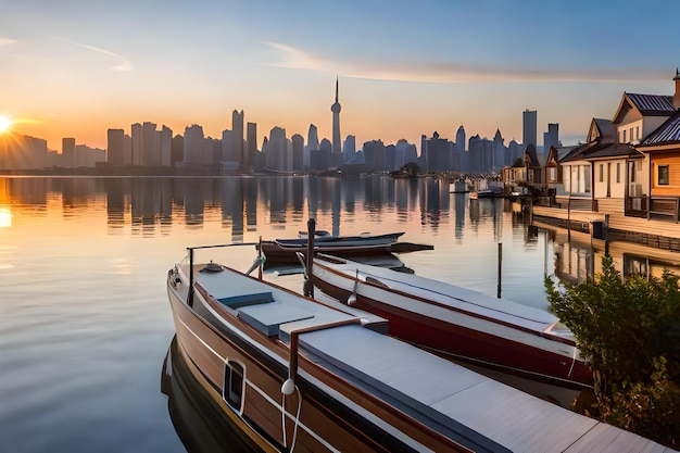 een boot ligt voor de skyline van een stad.