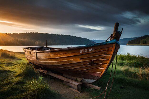 Foto een boot met bode op de zijkant.