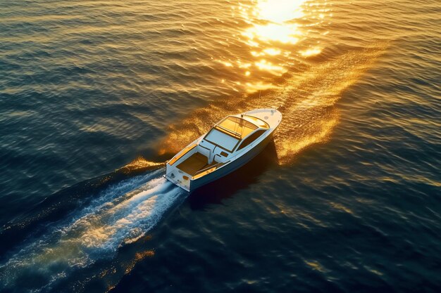 Een boot met een ondergaande zon op het water