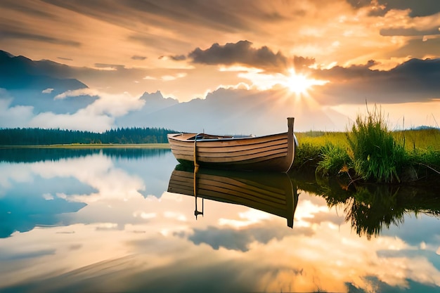 Foto een boot met een zonsondergang op het water