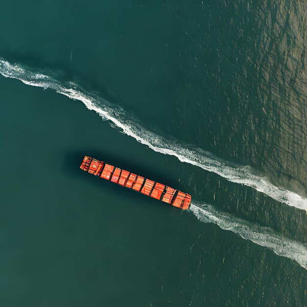 een boot met oranje blokken in het water en een wake erachter