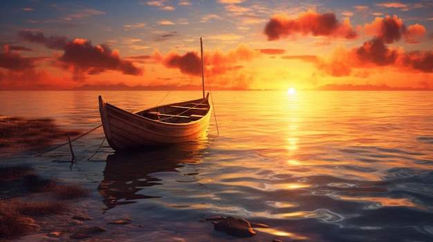 Een boot op de oceaan bij zonsondergang