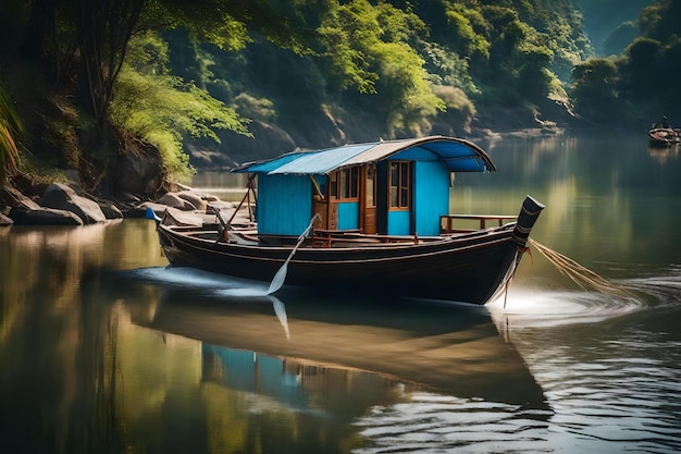 Een boot op de rivier in de ochtend