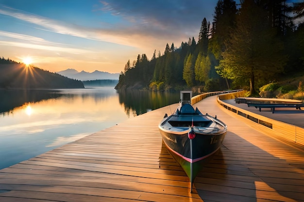 Een boot op een dok met een zonsondergang op de achtergrond
