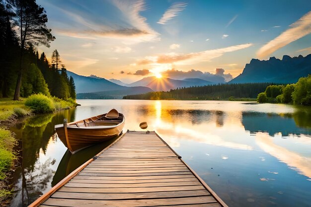 Foto een boot op een dok met uitzicht op de bergen bij zonsondergang