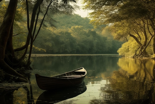 Een boot op een meer met een boom op de achtergrond