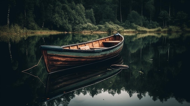 Een boot op een meer met een weerspiegeling van bomen in het water.