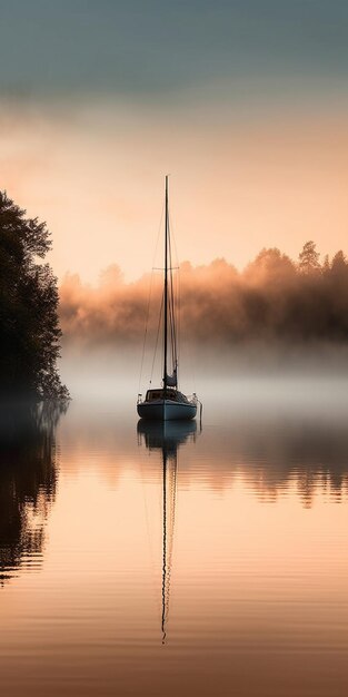 Een boot op een meer met een zonsondergang op de achtergrond.