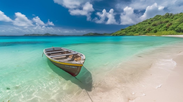 Een boot op een strand met een groen eiland op de achtergrond