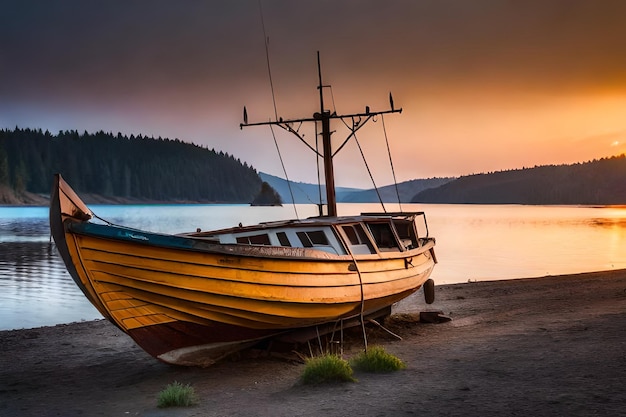 een boot op het strand met een zonsondergang op de achtergrond