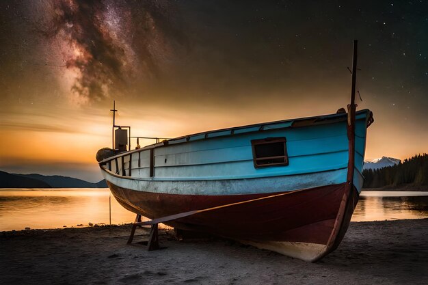 een boot op het strand met een zonsondergang op de achtergrond