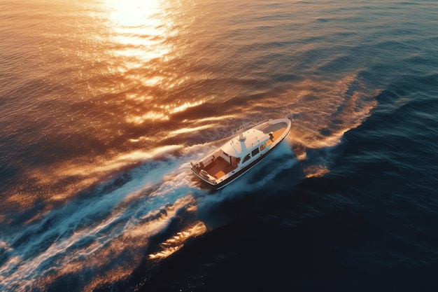 Een boot op het water bij ondergaande zon